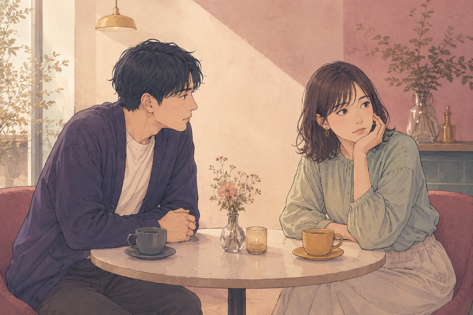 カフェで話したそうに身を寄せる人と、考えながら少し視線を外す恋人のイラスト