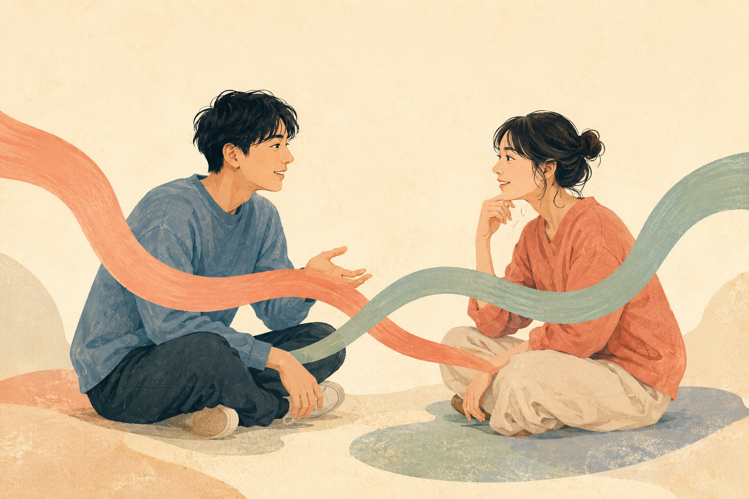異なる考え方を持つ二人が会話を重ねるイラスト
