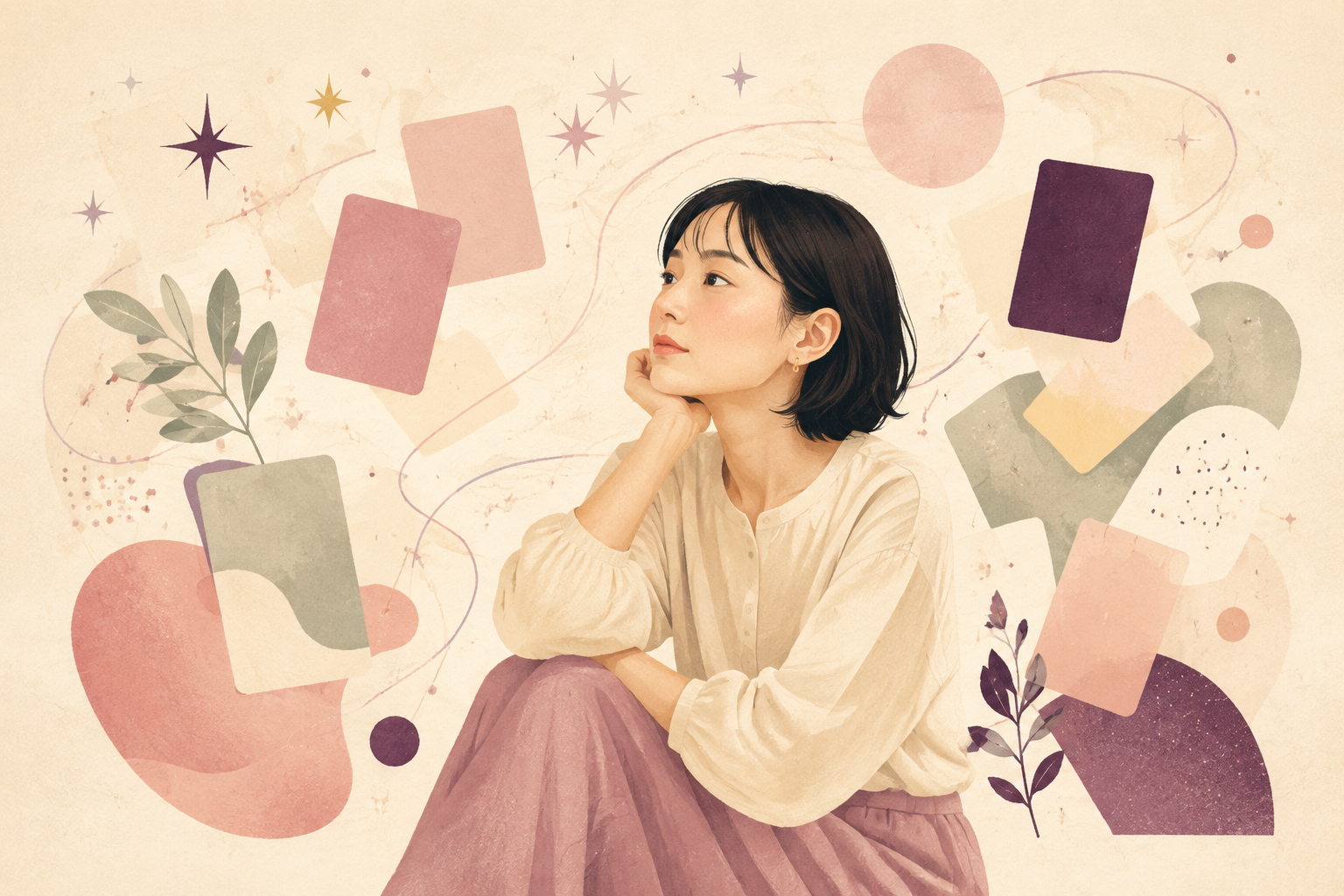 自分のさまざまな面を穏やかに振り返る人物のイラスト