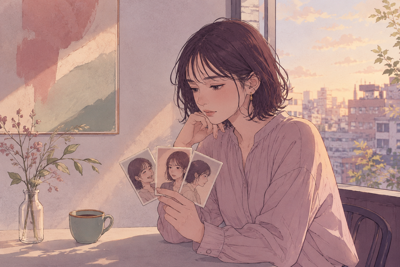 自分のさまざまな面を穏やかに振り返る人物のイラスト
