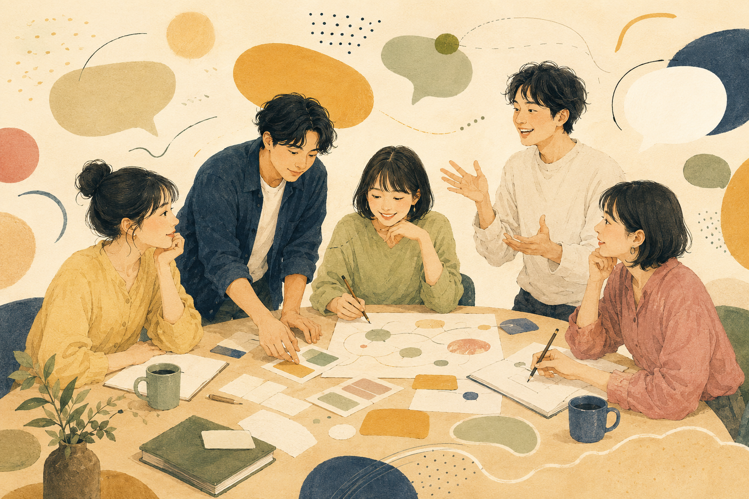 異なる得意を持つメンバーが協力して話すイラスト